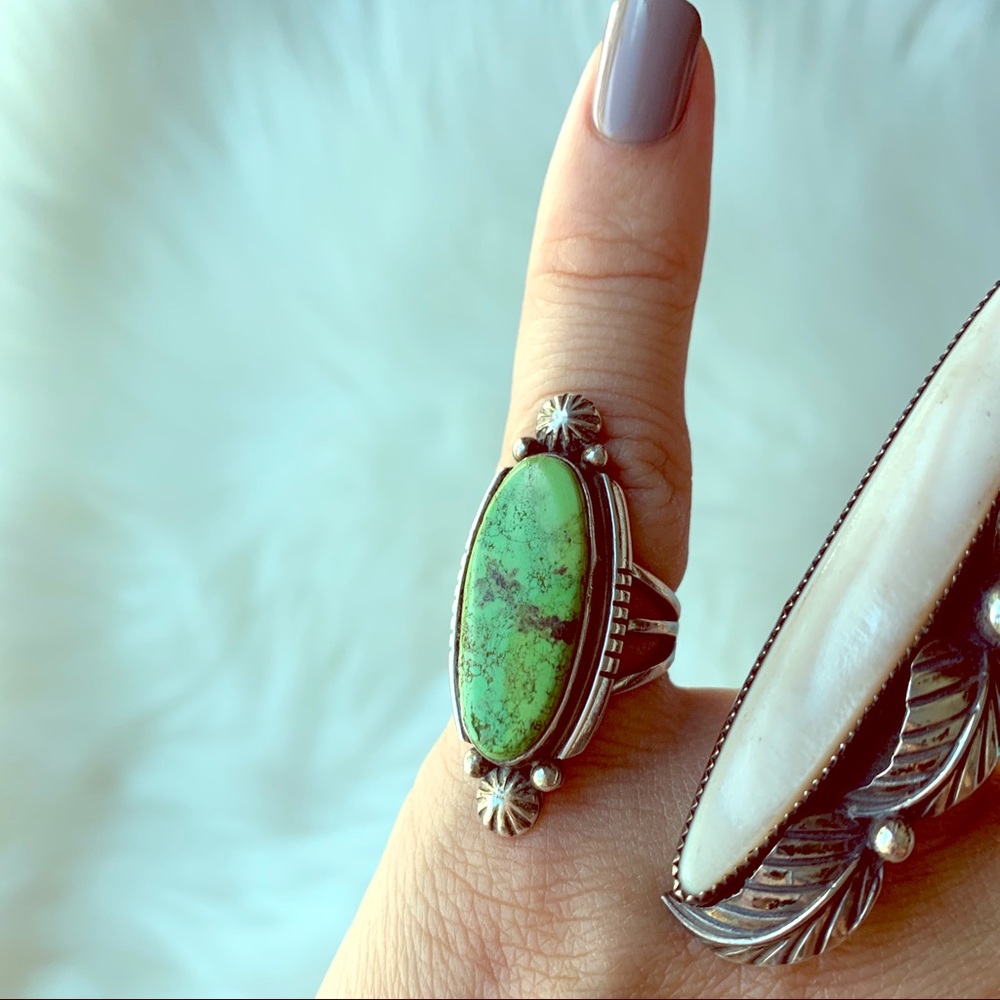 Stunning Rare SS & Green Turquoise Boho Ring Sz4.5